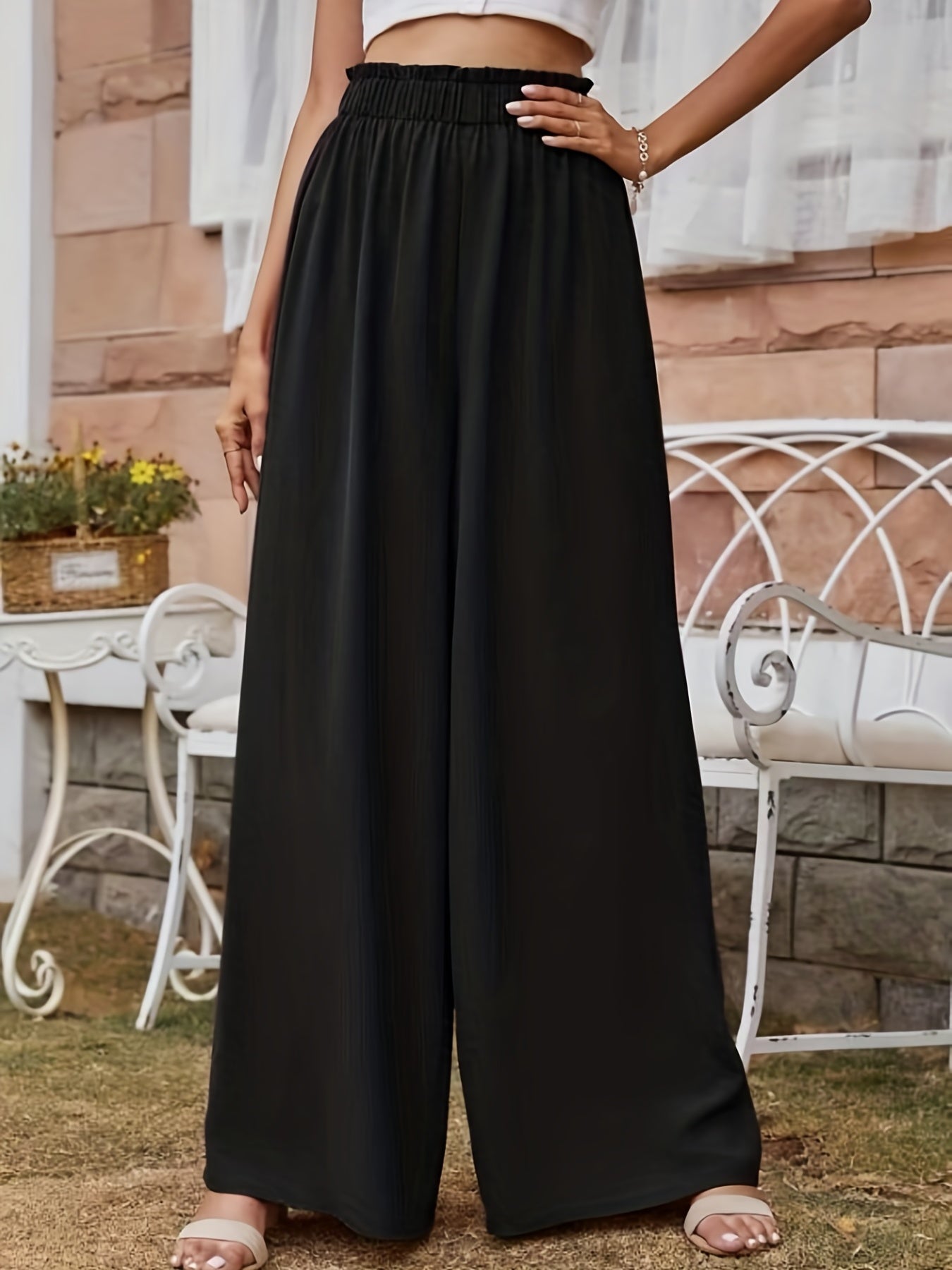 Draped Wide Leg Pants Paper Bag Waist Casual Pants