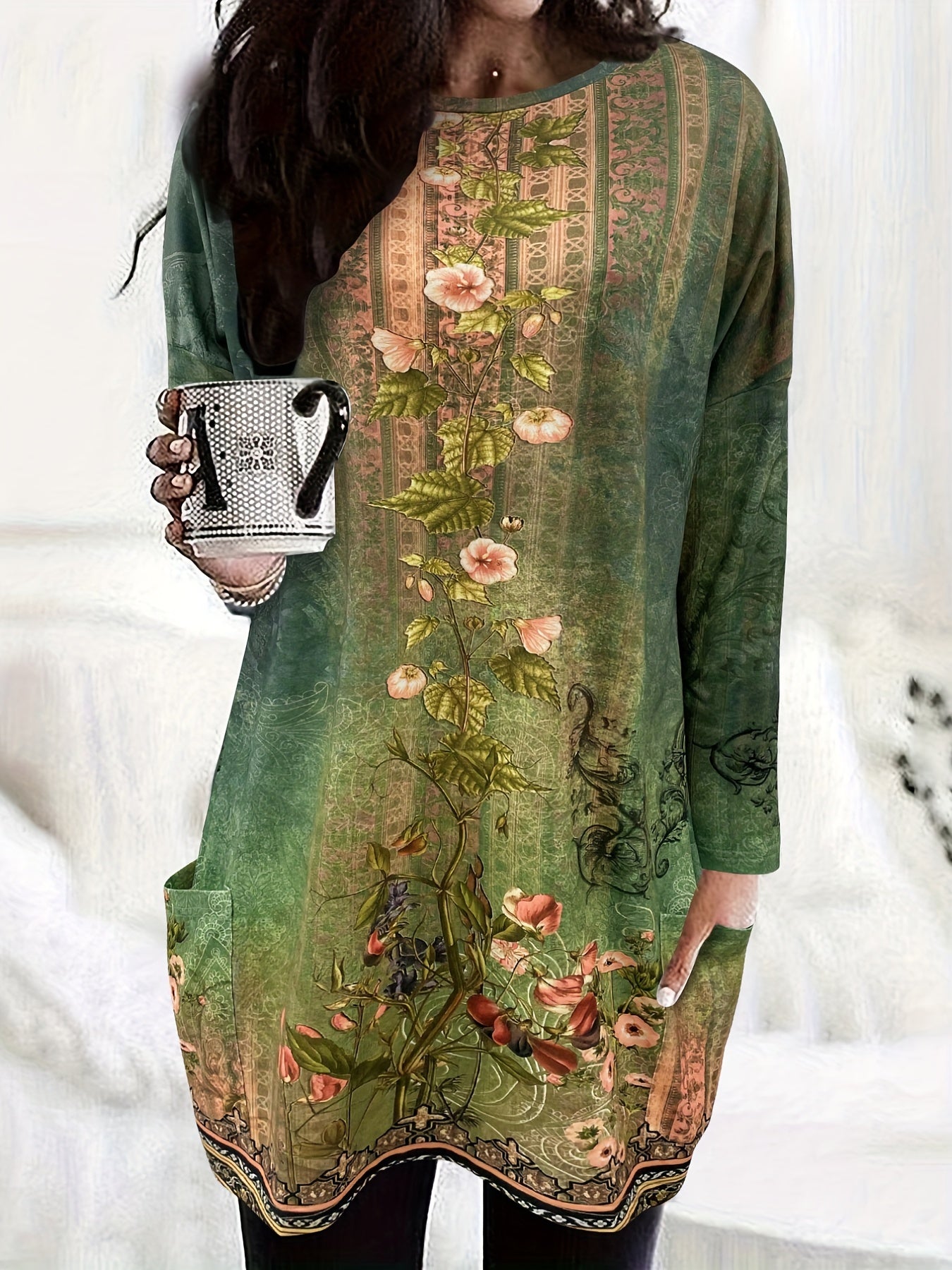Vintage Floral Mini Dress Long Sleeve Crew Neck Women's Clothing