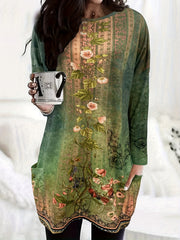 Vintage Floral Mini Dress Long Sleeve Crew Neck Women's Clothing