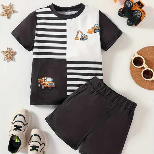Boy's 2pcs Cartoon Truck Excavator T shirt & Shorts Set Summer Outfits