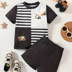 Boy's 2pcs Cartoon Truck Excavator T shirt & Shorts Set Summer Outfits