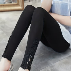 Solid Contrast Lace Leggings for Women