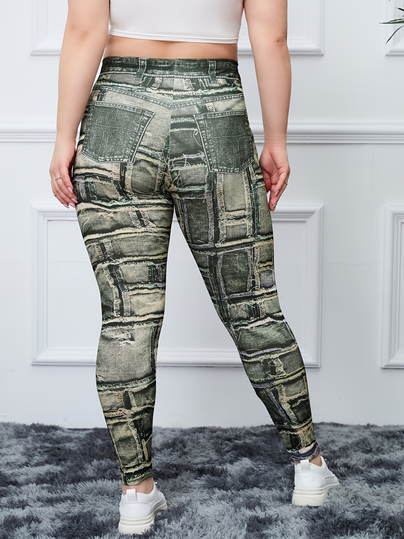 Graphic & Denim Print High Rise Skinny Leggings Women's Plus