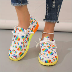 Women's Rainbow Heart Print Canvas Shoes Casual Lace Up Outdoor Shoes