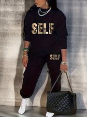 Art Letter Print Fleece Sweatshirt & Jogger Sweatpants Set