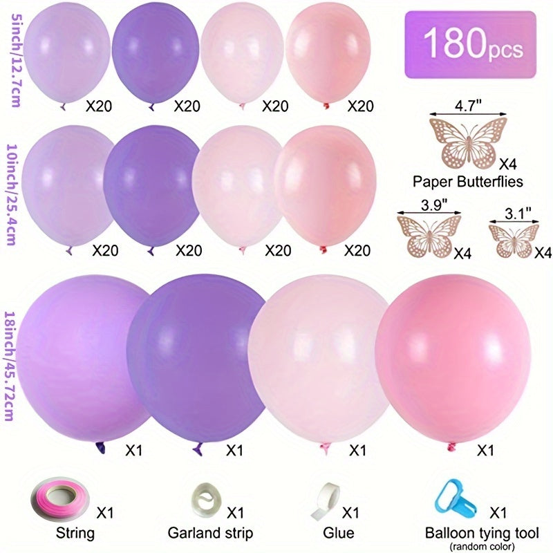 180pcs Light Pink Purple Balloon Arch Kit w/ Butterfly Stickers