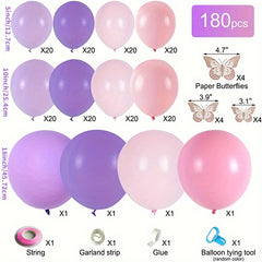 180pcs Light Pink Purple Balloon Arch Kit w/ Butterfly Stickers