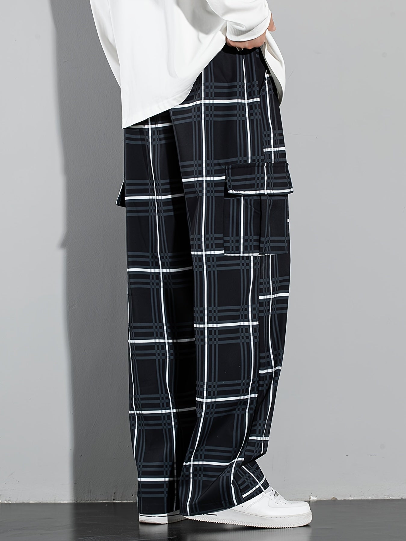 Vintage Plaid Cargo Pants Men's Flap Pocket Straight Trousers