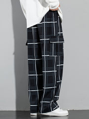 Vintage Plaid Cargo Pants Men's Flap Pocket Straight Trousers