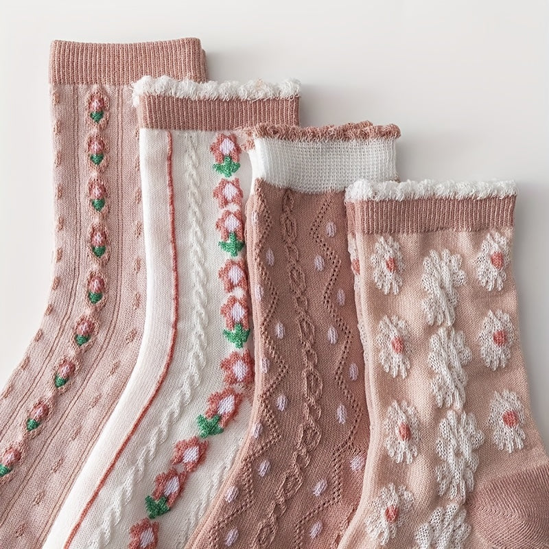 6 Pairs Floral Print Socks Sweet & Mid Tube Socks Women's Stockings