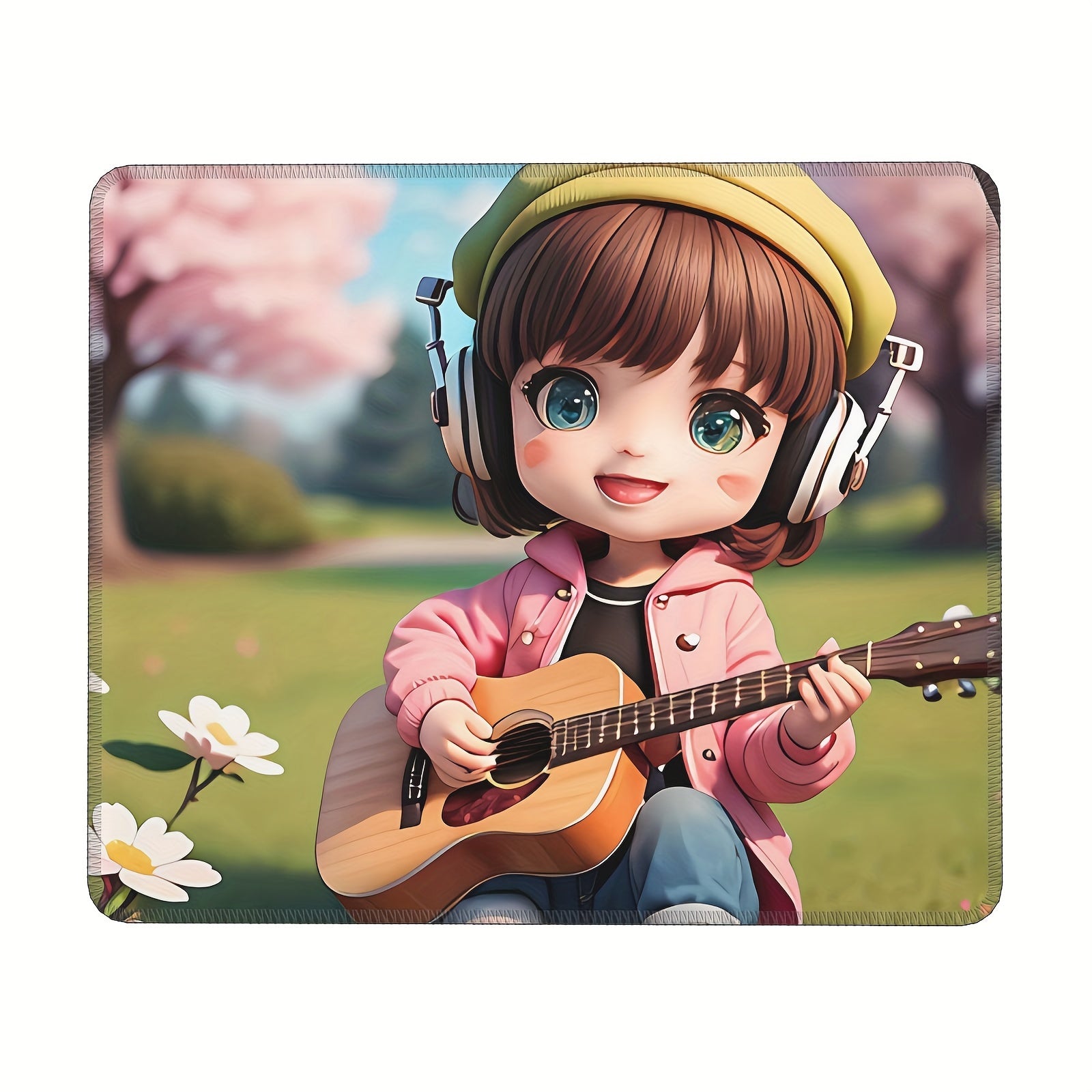 Guitar Girl Pattern Mouse Pad 24x20cm Non-slip Rubber Stitched Edge