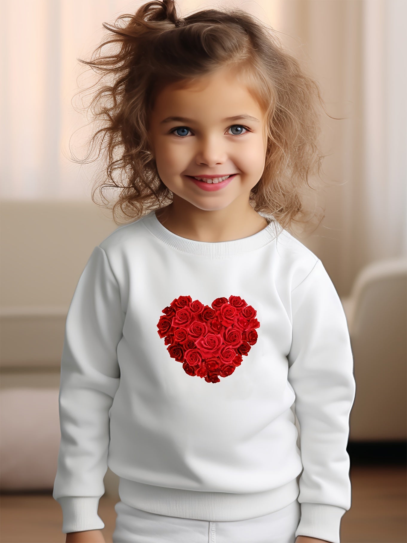Girls Heart Pattern Crew Neck Sweatshirt For Spring Fall