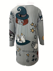 Halloween Dress Women's Plus Cartoon Witch Print Long Sleeve
