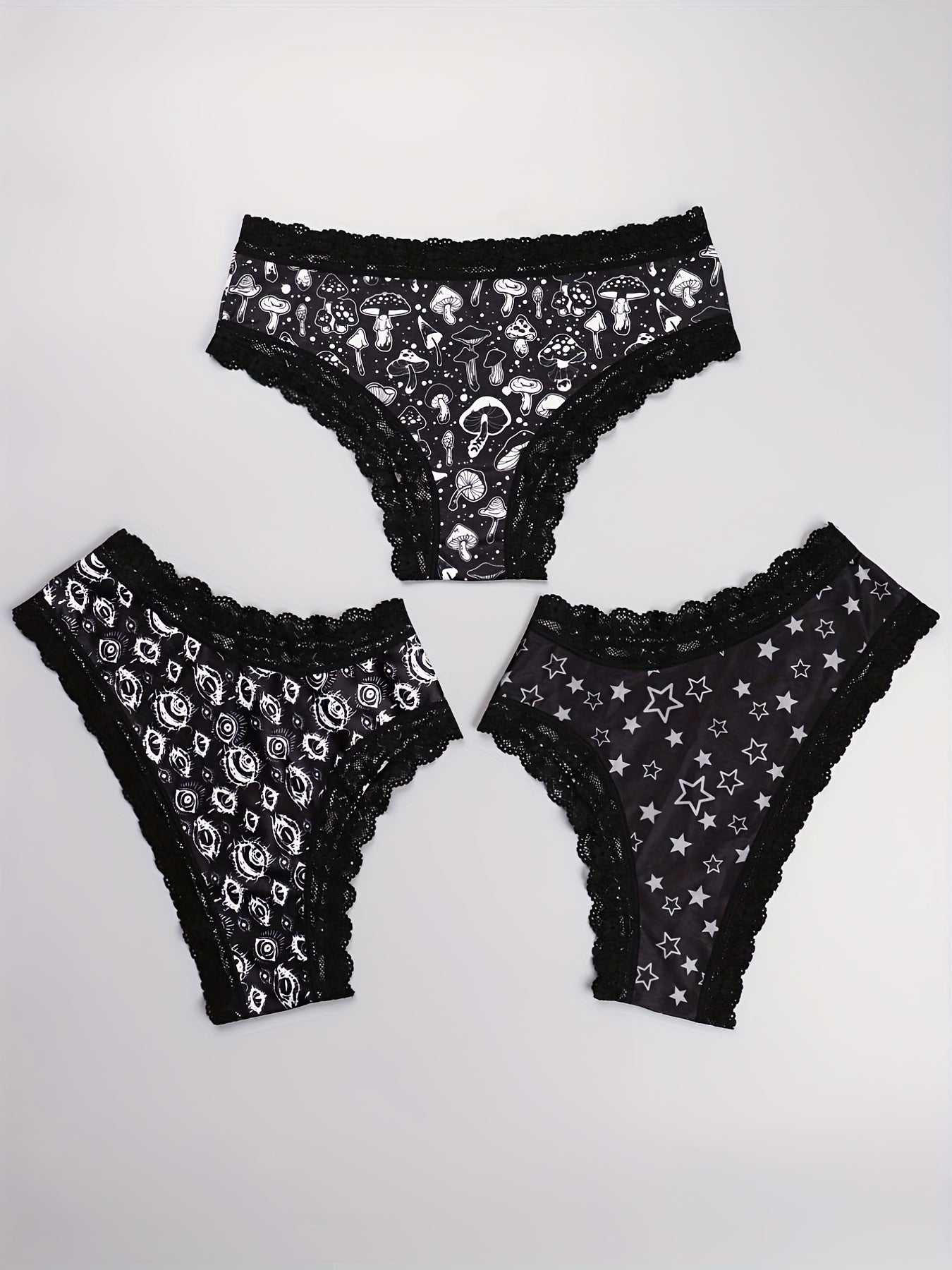 3pcs Mushroom & Star Print Hipster Panties Comfy Lace Trim