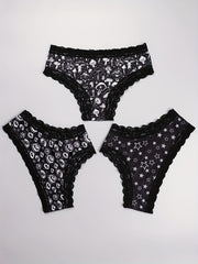 3pcs Mushroom & Star Print Hipster Panties Comfy Lace Trim