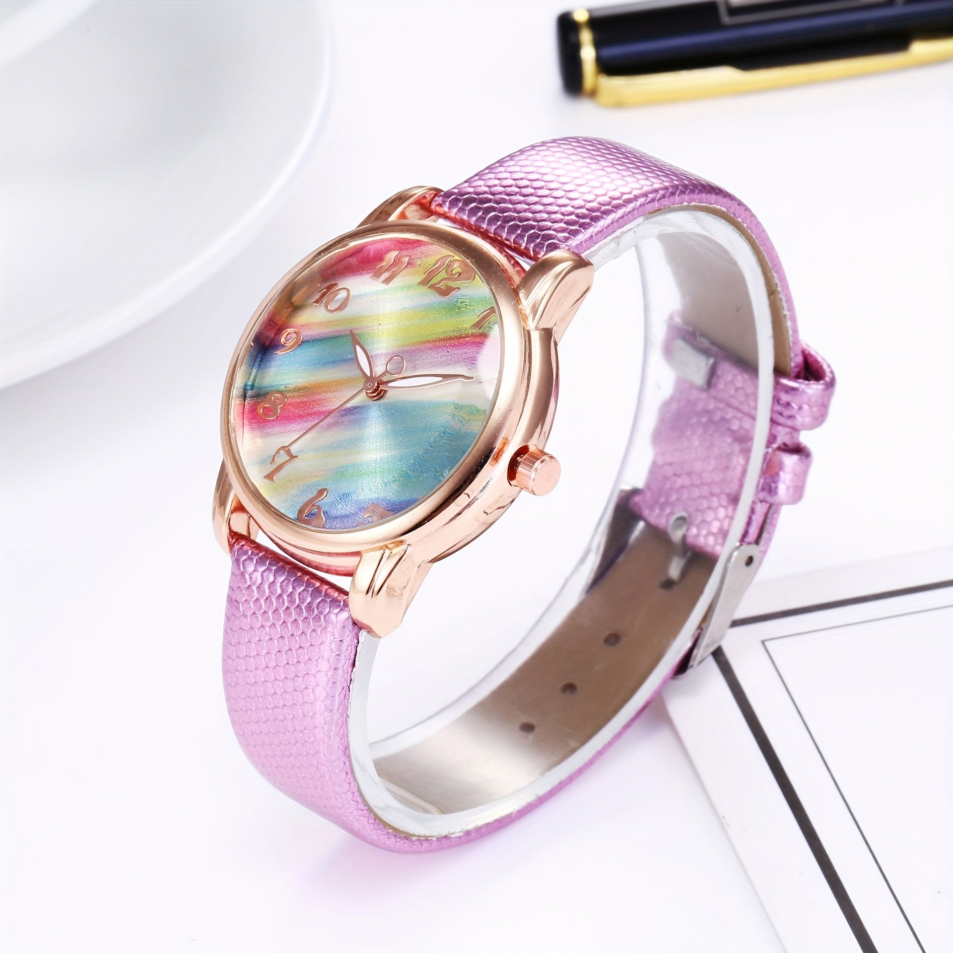 Rainbow Sugar Quartz Women's Watch Casual Colorful Leather Wristwatch