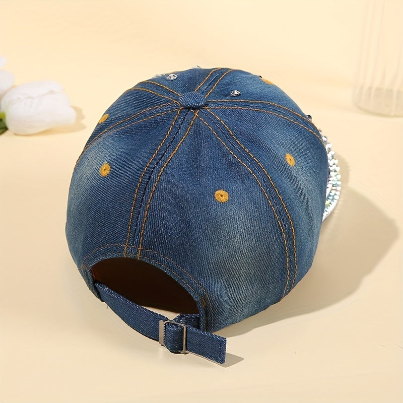 Rhinestone Butterfly Patch Baseball Cap Denim Distressed Dad Hat