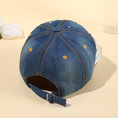 Rhinestone Butterfly Patch Baseball Cap Denim Distressed Dad Hat
