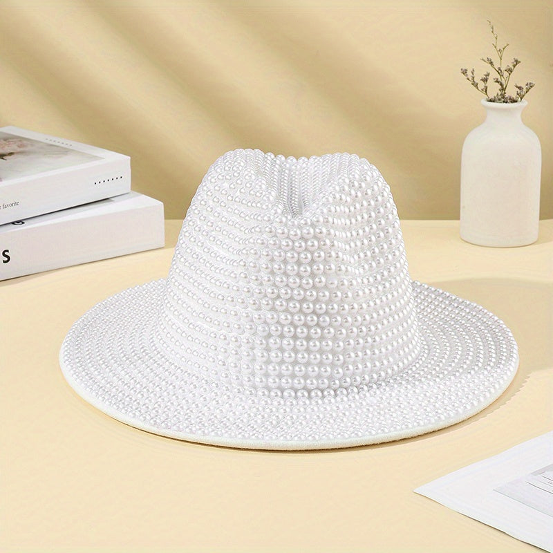 Faux Pearl Decor Fedora Cap Cowgirl Hat Rolled Brim Jazz Felt Hat