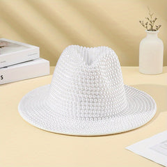 Faux Pearl Decor Fedora Cap Cowgirl Hat Rolled Brim Jazz Felt Hat