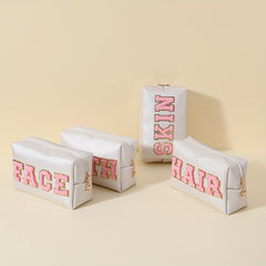 Preppy Letter Patch Makeup Bag Cosmetic Toiletry Bag Zipper Pouch