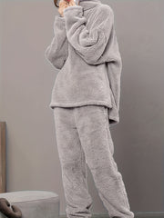 Fuzzy Pajama Set V Neck Top & Pants Women's Sleepwear