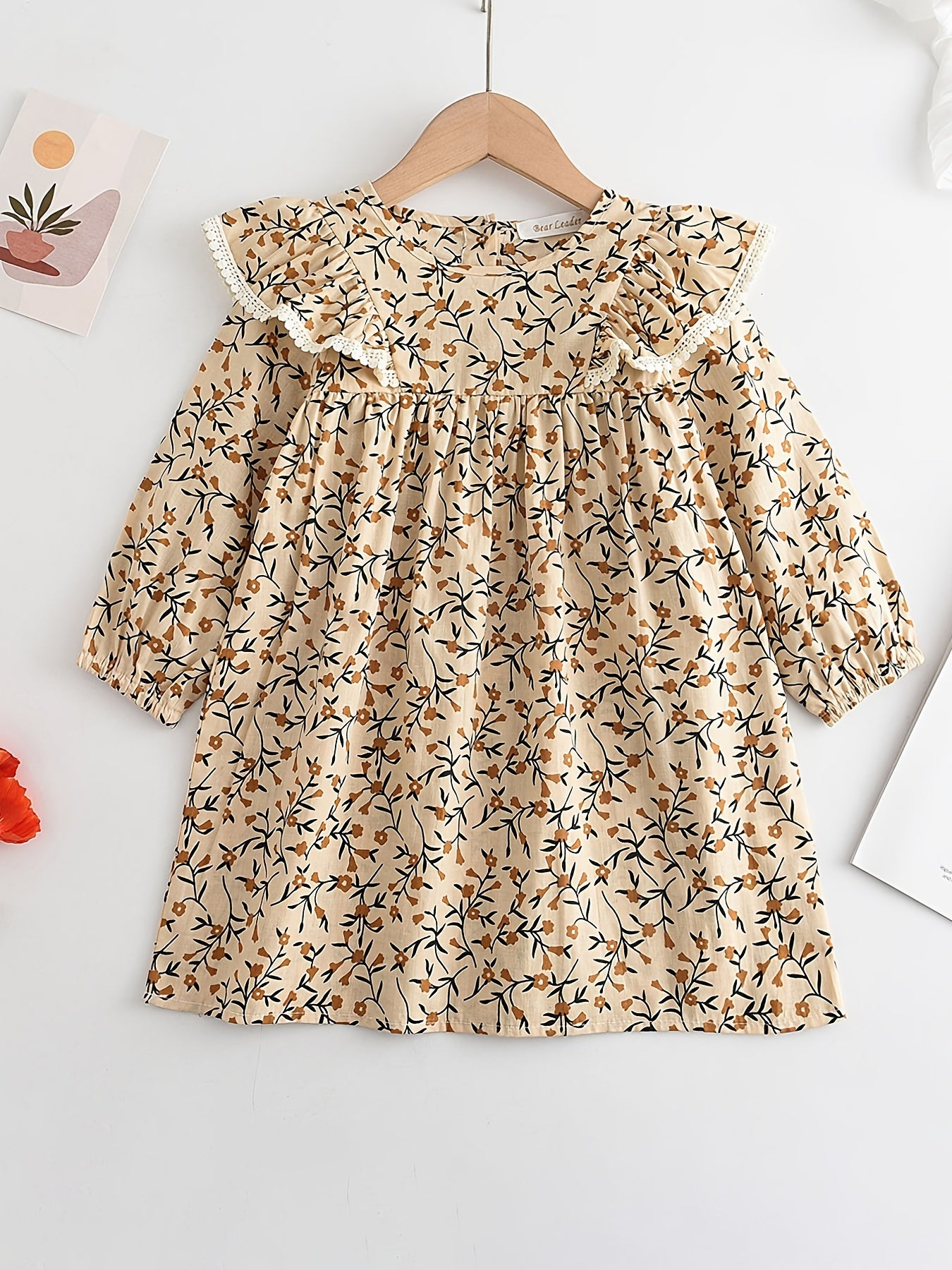 Toddler Girls Long Puff Sleeve Ruffle Trim Floral Princess Dress