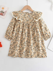 Toddler Girls Long Puff Sleeve Ruffle Trim Floral Princess Dress