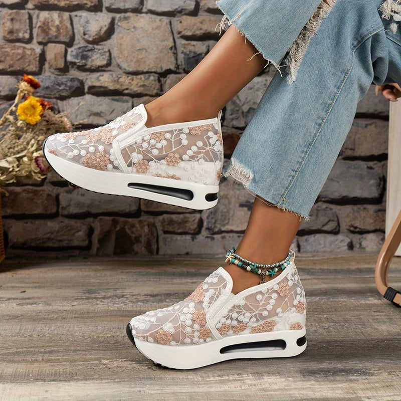 Floral Platform Sneakers Slip On Embroidered Shoes Comfortable Walking