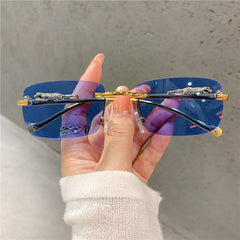 Vintage Rimless Cut Edge Sunglasses Golden Leopard Frame UV400