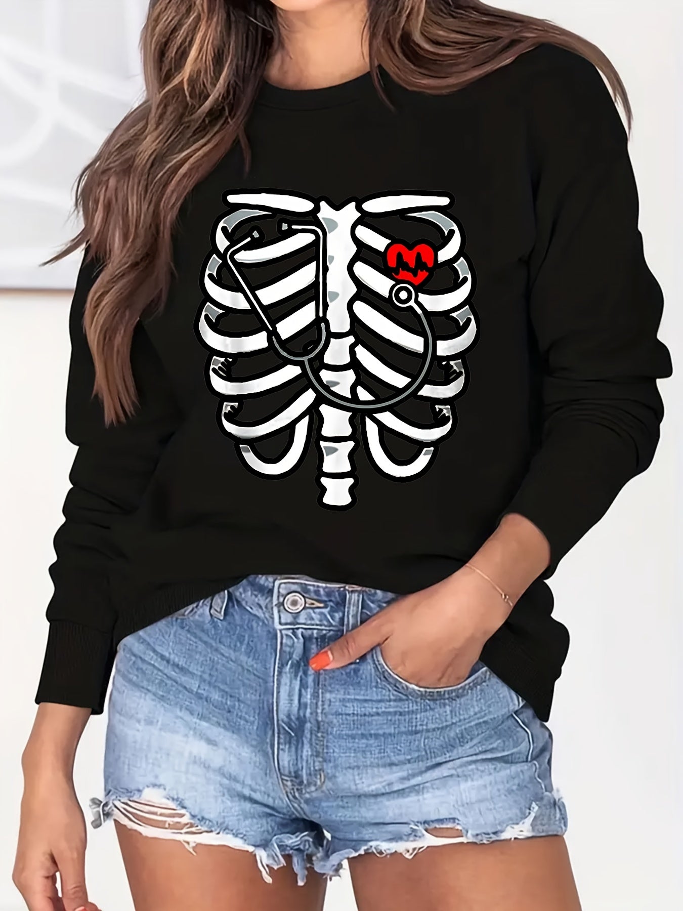 Skeleton Print Sweatshirt Crew Neck Casual Long Sleeve Sweatshirt
