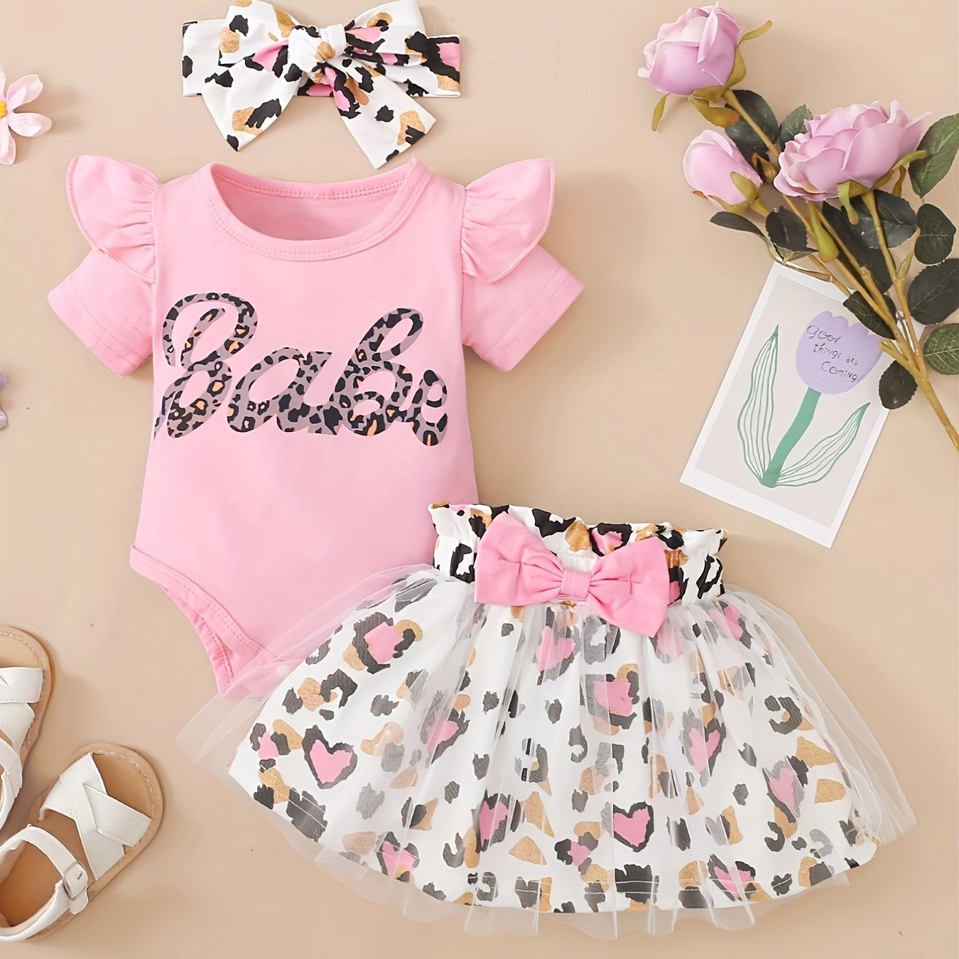 Baby Girls Cotton Ruffle Short Sleeve Bodysuit Matching Mesh Skirts Headband