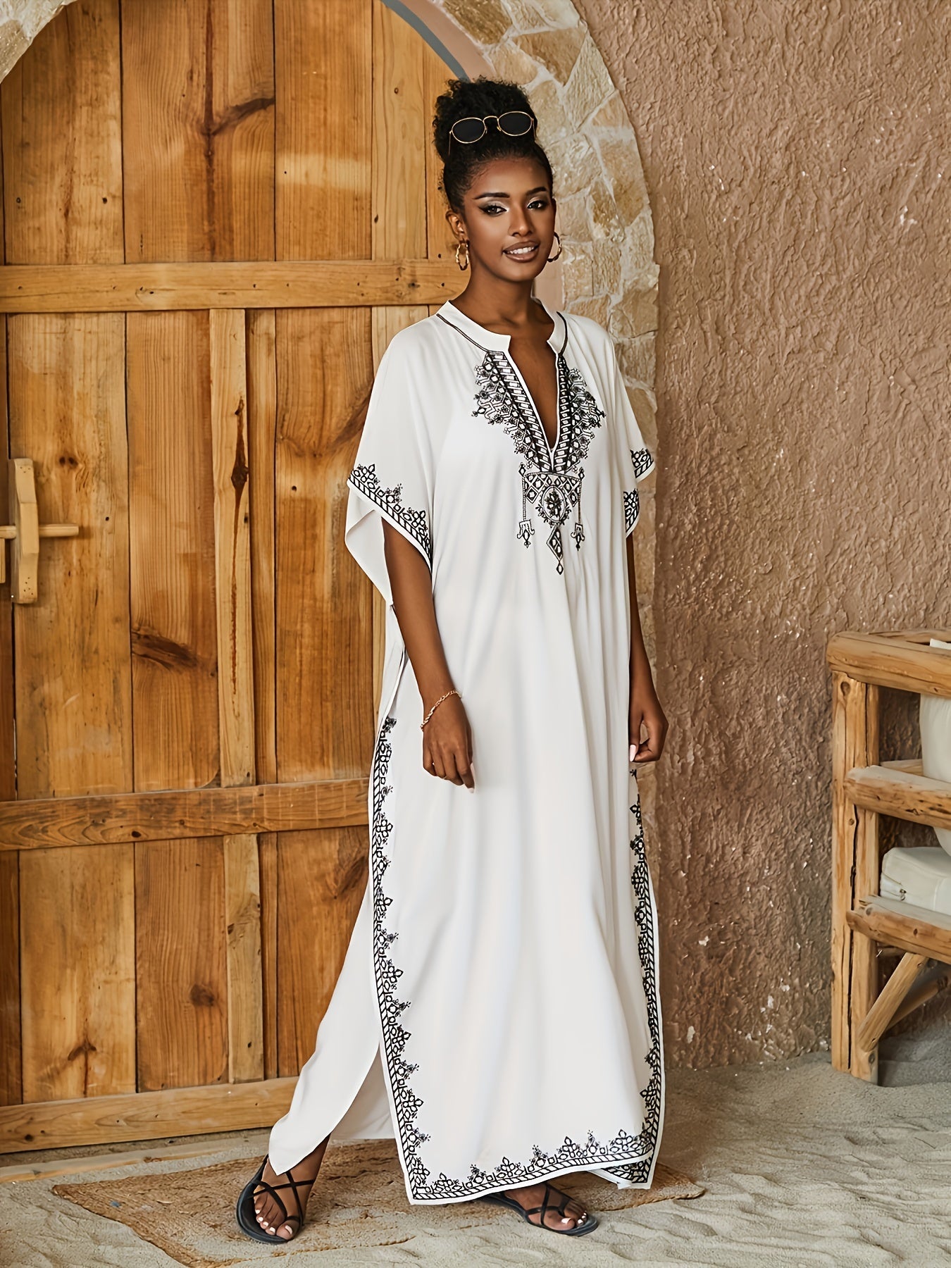 Floral Embroidered Batwing Sleeve Maxi Beach Cover Up Dress