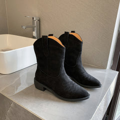 Women's Western Ankle Boots Embroidery Pull On Shoes Chunky Heeled Cowgirl Boots
