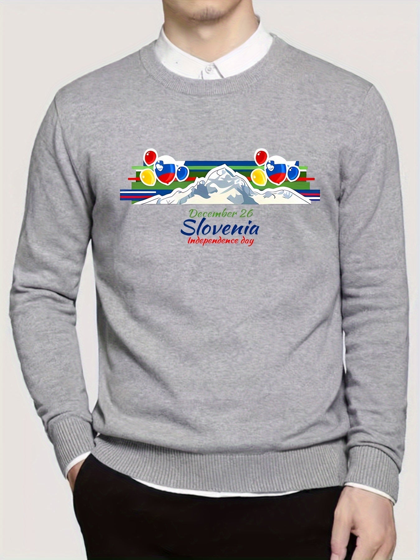 Mountain Print Men's Slim Fit Knitted Sweater Crew Neck Top
