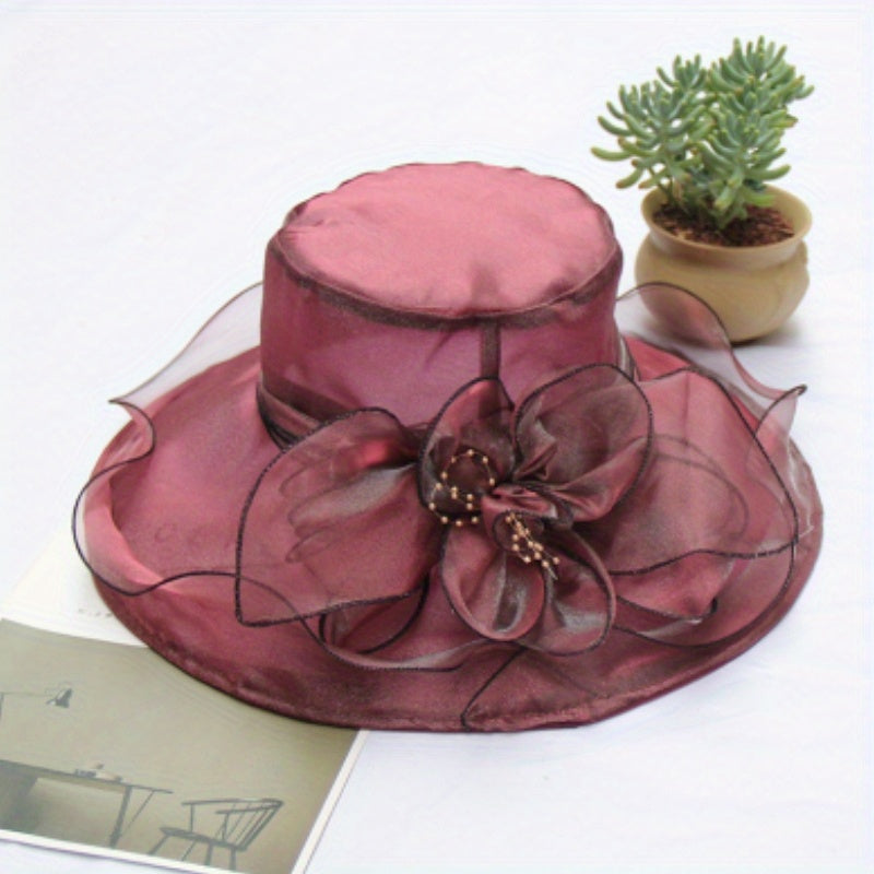 Flower Derby Church Hat Mesh Organza Sun Hat Wide Brim Bucket Hat