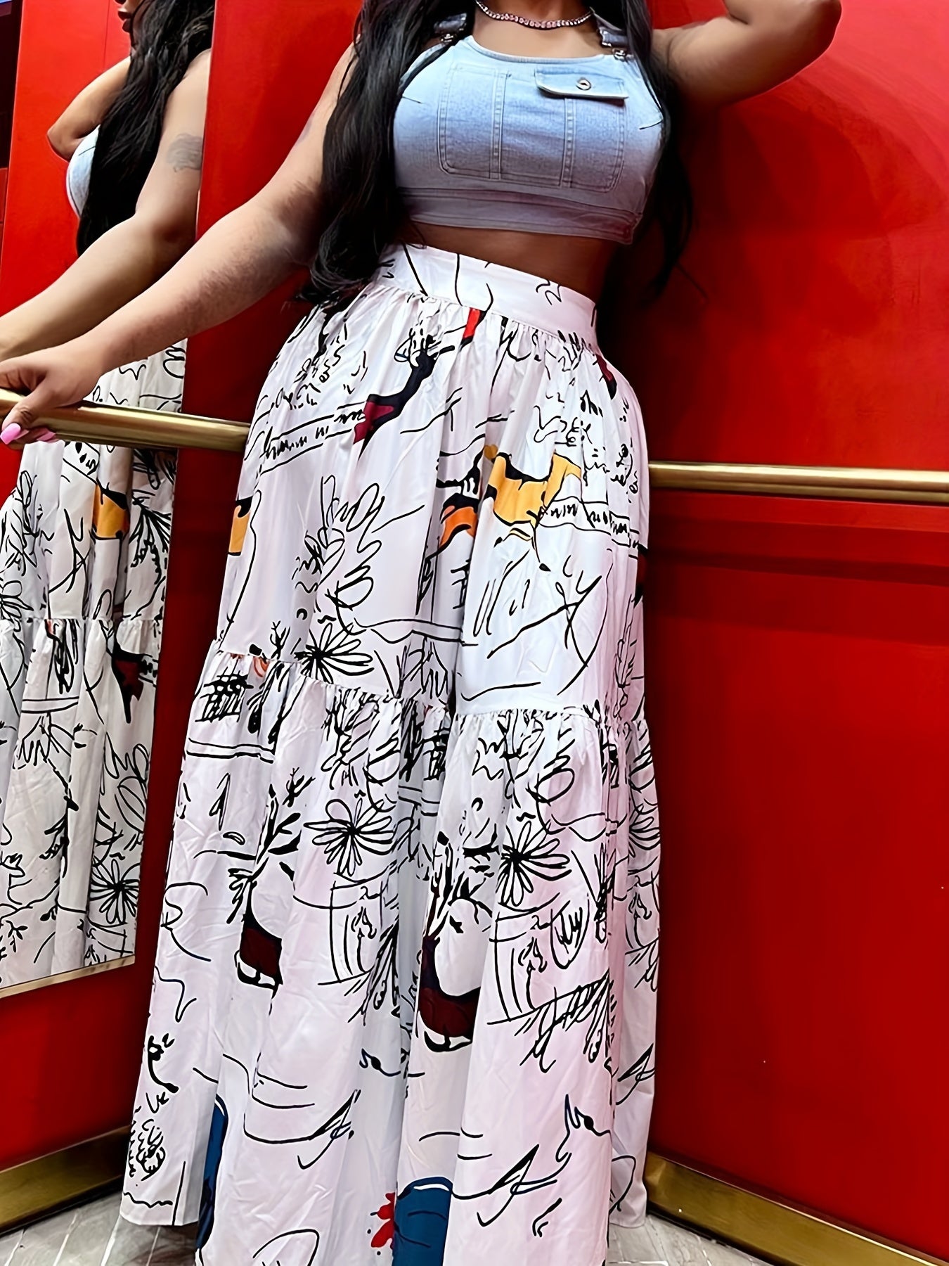 Graffiti Print High Rise Maxi Skirt with Pockets
