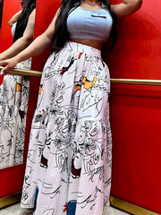 Graffiti Print High Rise Maxi Skirt with Pockets