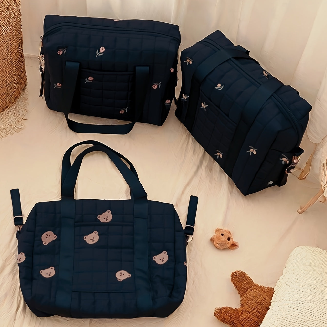 Portable Diaper Organizer Embroidered Parent Bag with Pockets & Hooks