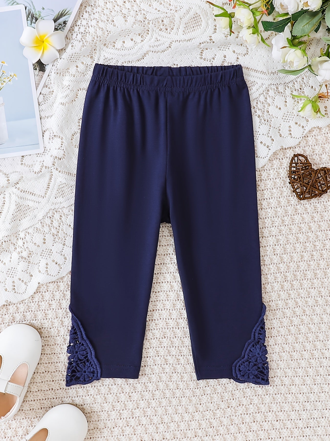 Girls Stretch Soft Leggings Lace Patchwork Elastic Waist Cropped Pants