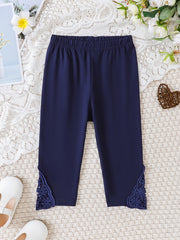 Girls Stretch Soft Leggings Lace Patchwork Elastic Waist Cropped Pants