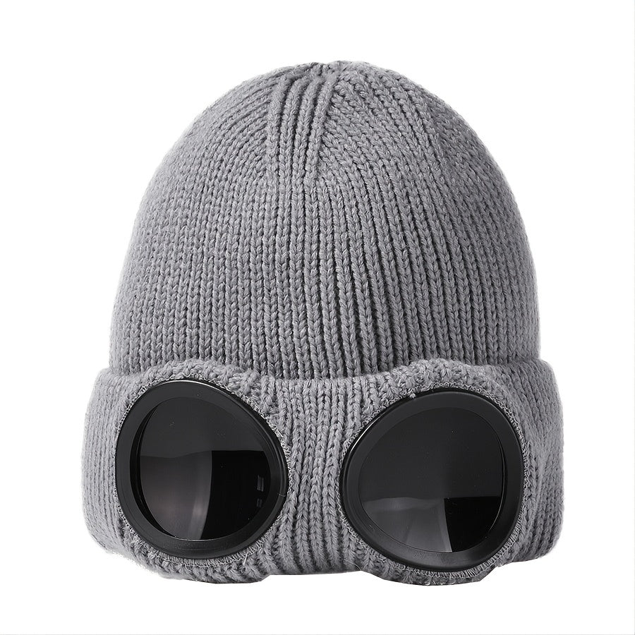 Warm Knitted Beanie Hat with Ski Goggles for Winter Outdoor Activities