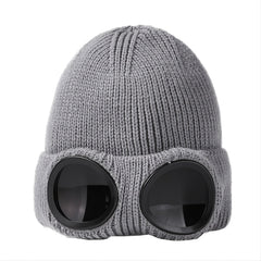Warm Knitted Beanie Hat with Ski Goggles for Winter Outdoor Activities