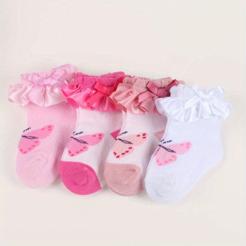 4 Pairs Newborn Baby Girls Ruffled Bow Knit Socks