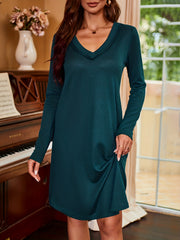 Solid V Neck Dress Casual Long Sleeve Dress