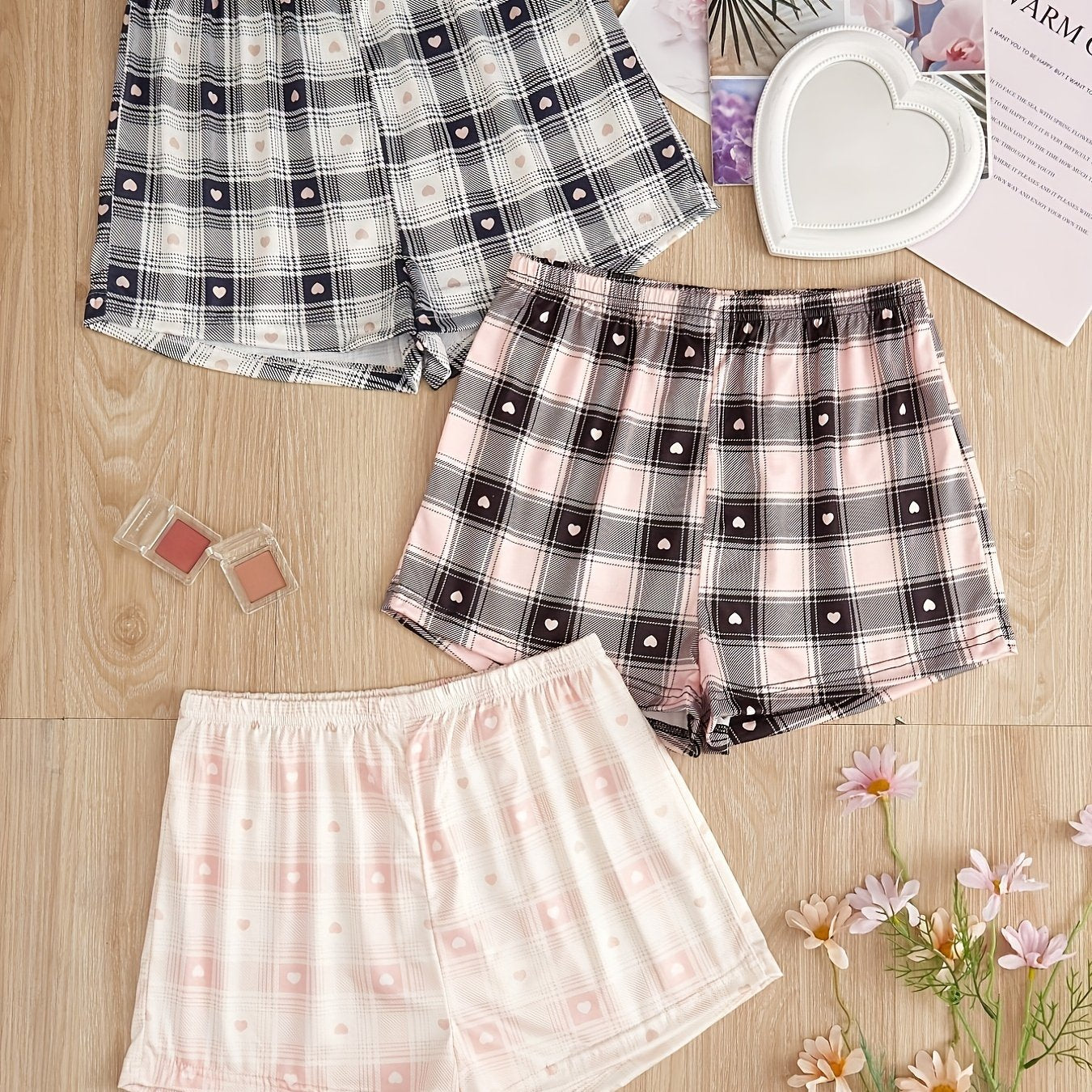 Heart Print Sleep Bottoms Plaid Elastic Waistband Shorts