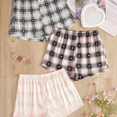 Heart Print Sleep Bottoms Plaid Elastic Waistband Shorts