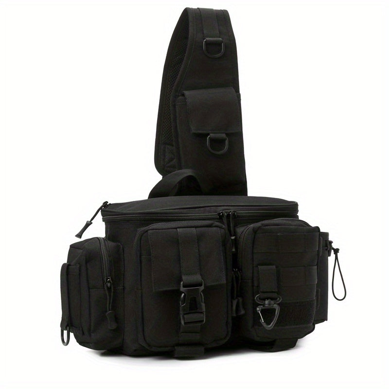 Portable Fishing Tackle Bag with Rod Holder 600D Nylon Sling Pack