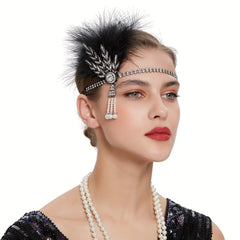 Rhinestone Flapper Headband with Feather & Pearl Tassel
