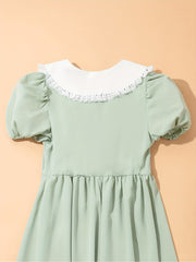 Girls Lace Collar Bead Button Short Sleeve Dress for Party Vacation